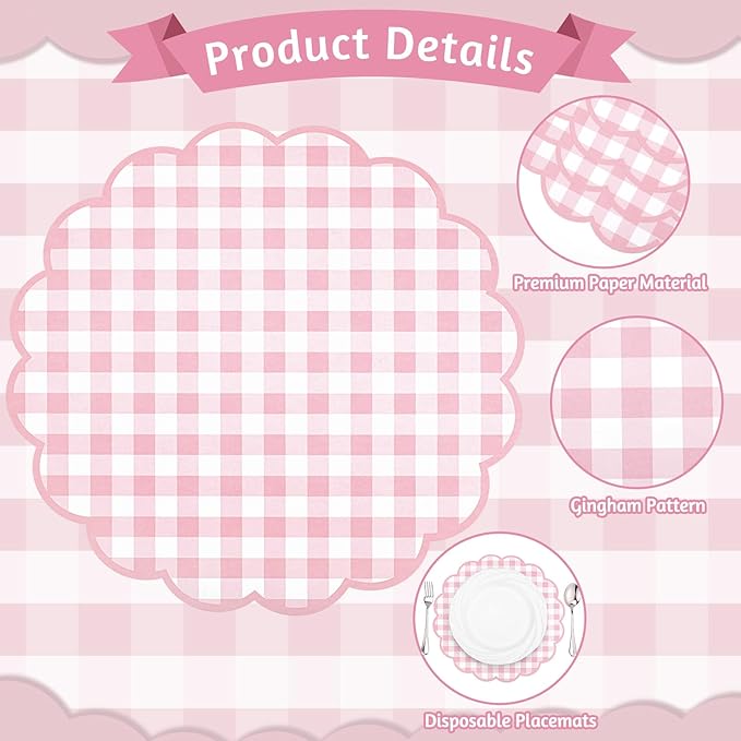 60 Pcs Pink and White Gingham Paper Placemat,13.5 Inch Scalloped Checkered Place Mats Disposable Mother's Day Table Placemats Decorative Paper for Anniversay Baby Shower Wedding Banquet Tea Party