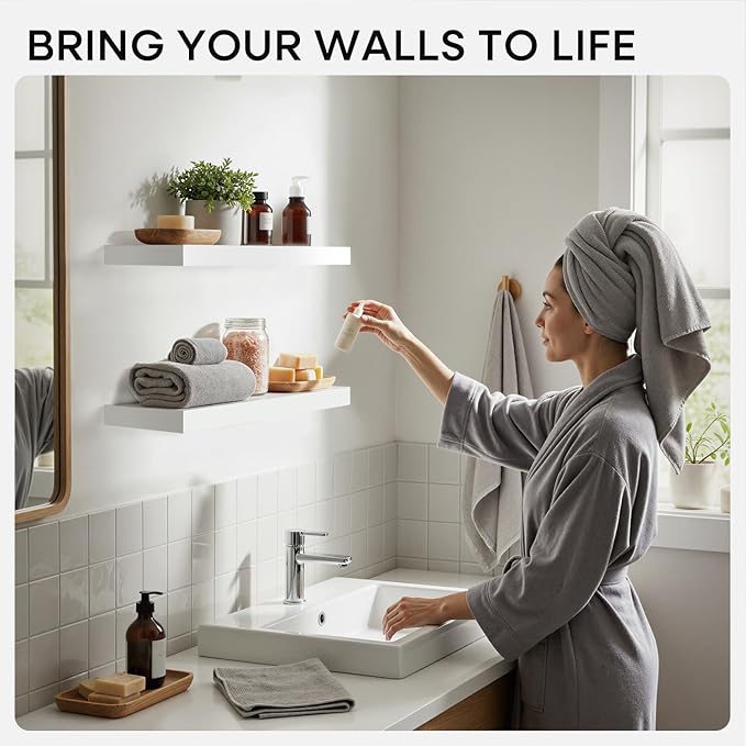 Homeforia White Floating Shelves 16 inch, High End Solid Real Wood 16inch Bathroom Floating Shelf for Wall Mounted, White Wooden 16 Floating Shelves, Heavy Duty Bracket, 16 X 6.5 X 1.75 inch, Set of 3