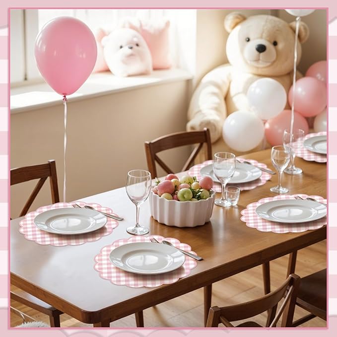 60 Pcs Pink and White Gingham Paper Placemat,13.5 Inch Scalloped Checkered Place Mats Disposable Mother's Day Table Placemats Decorative Paper for Anniversay Baby Shower Wedding Banquet Tea Party