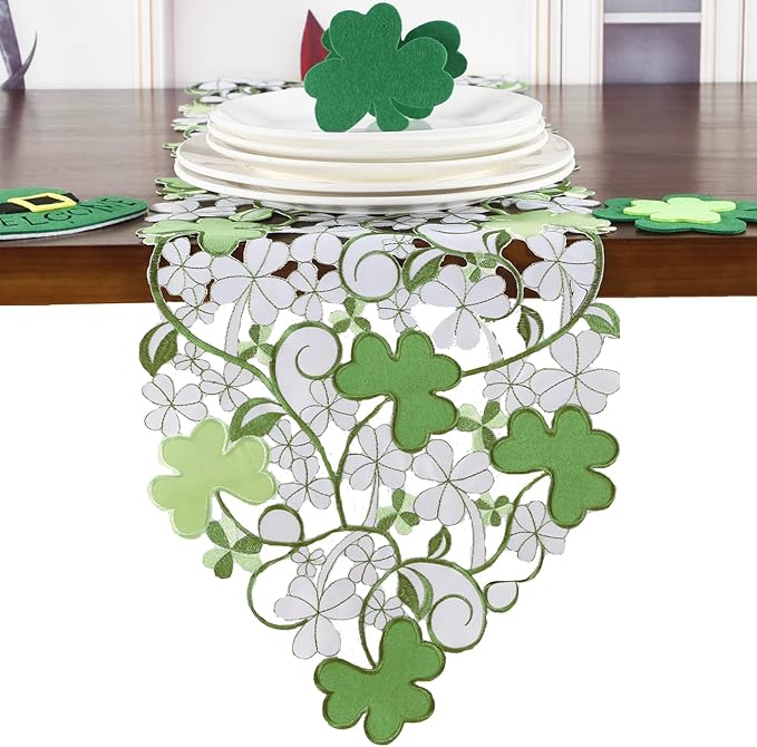 St. Patrick's Day Spring Table Runner ,Applique Embroidered Cutwork Clover Design, Home Kitchen Dining Tabletop Decoration, (Runner 13"×68"（33x172cm）, Green)