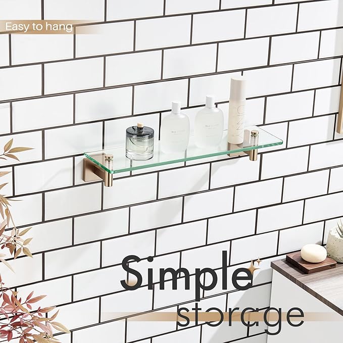 KOKOSIRI Wall Shelves Bathroom Hardware Glass Floating Shelf 20-Inch for Bedroom, Living Room, Kitchen, Hanging Rack Champagne Bronze B1105CPG-L20
