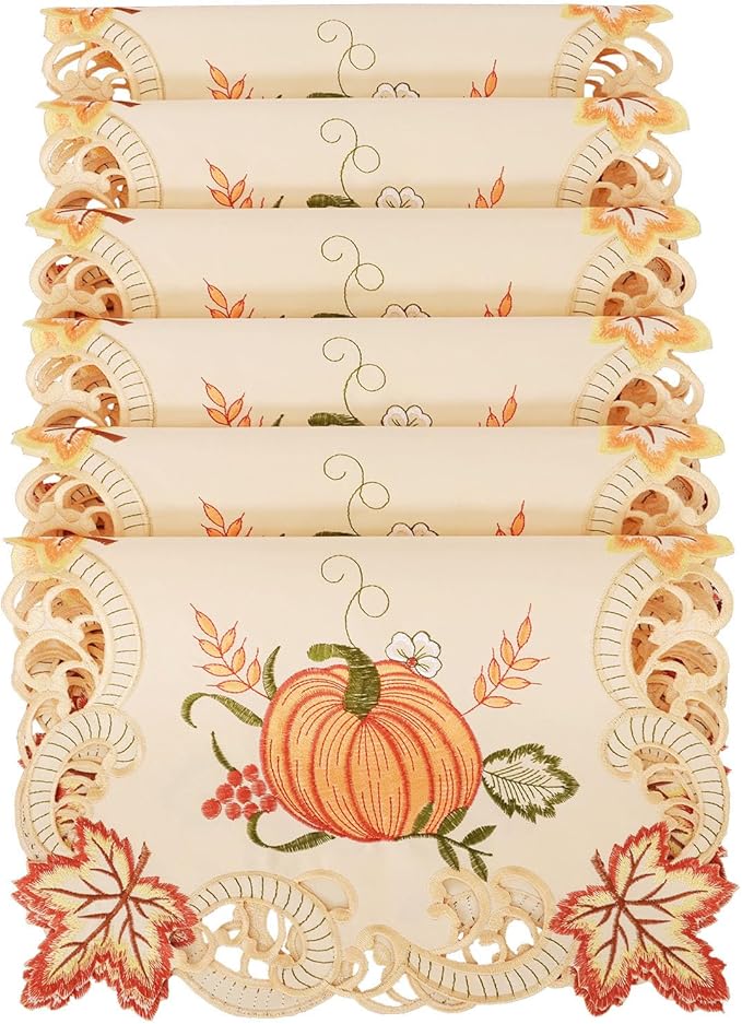 Simhomsen Embroidered Thanksgiving Harvest Pumpkins Table Runners for Autumn or Fall Decorations (13× 19 Inch Set of 6)
