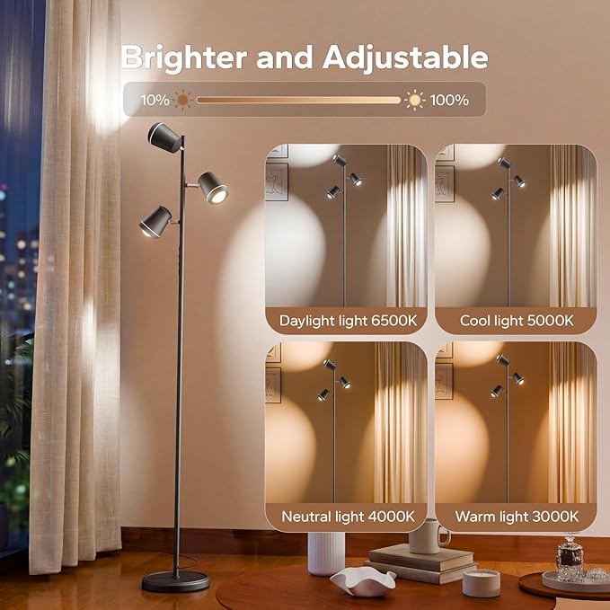 36W LED Tree Floor Lamp, Upgraded 3 Rotatable Lights Standing Lamp with Remote & Touch Control, Dimmable Tall Lamp Modern Floor Lamps for Living Room Bedroom Office