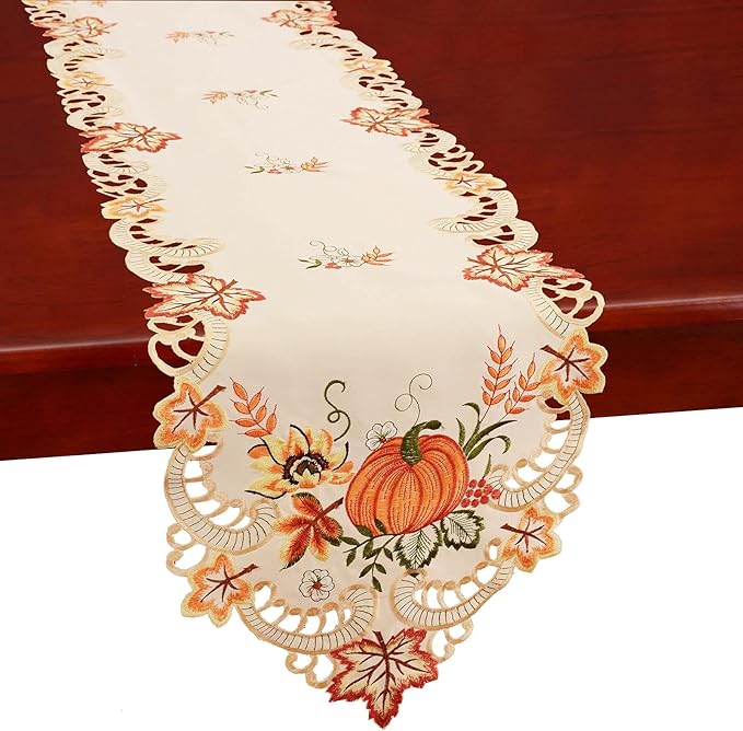 Simhomsen Thanksgiving Harvest Pumpkins Table Runners for Autumn Or Fall Decorations, Embroidery (14 × 69 Inches)