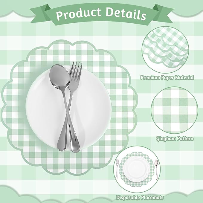 60 Pcs Sage Green Gingham Paper Placemats,13.5 Inch Scalloped Checkered Place Mats Disposable Placemat Decorative Paper for Table Setting BBQ Baby Shower Wedding Bridal Banquet Tea Party