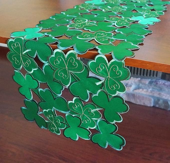 St. Patrick's Day Table Runner 13"x68" ,Applique Embroidered Cutwork Clover Design, Home Kitchen Dining Spring Holiday Tabletop Decoration