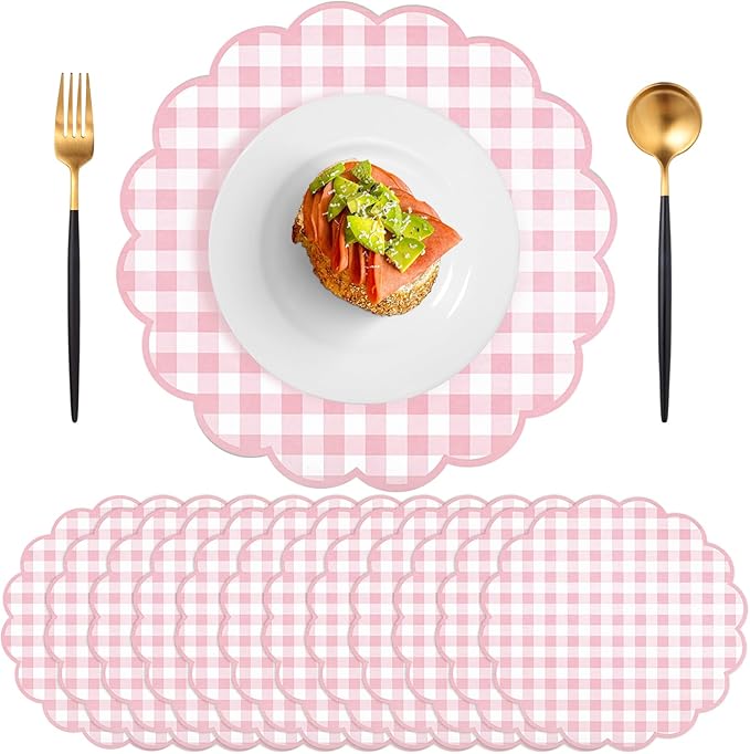 60 Pcs Pink and White Gingham Paper Placemat,13.5 Inch Scalloped Checkered Place Mats Disposable Mother's Day Table Placemats Decorative Paper for Anniversay Baby Shower Wedding Banquet Tea Party