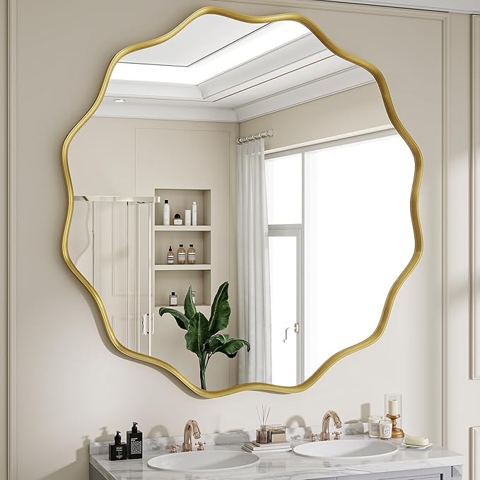 Wavy Round Mirror, 42 Inch Large Metal Frame Circle Mirror, Wall Mounted for Bathroom, Vanity, Entryway, Living Room, Gold