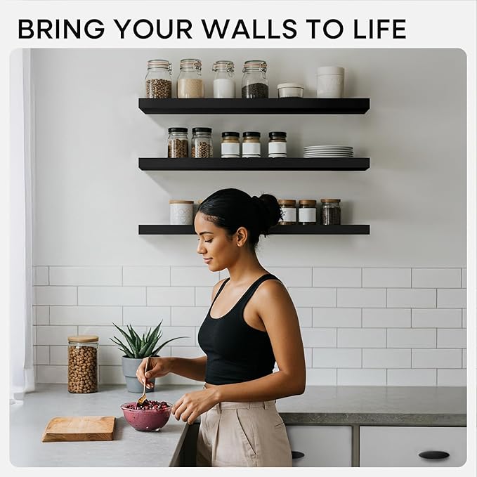 Homeforia Black Floating Shelves 24 inch, High End Solid Real Wood 24inch Bathroom Floating Shelf for Wall Mounted, Black Wooden 24in Floating Shelves, Heavy Duty Bracket, 24 X 6.5 X 1.75 in, Set of 4