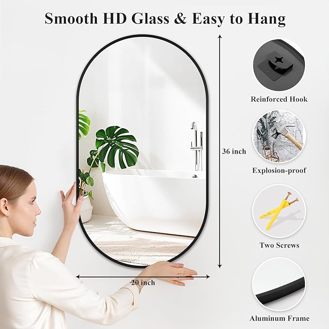Fabuday Black Oval Bathroom Mirror for Over Sink - 20x36 Wall Mounted Oval Vanity Mirrors with Matte Metal Frame for Bedroom, Living Room, Dresser, Hallway, Entryway Decor, Horizontally/Vertically