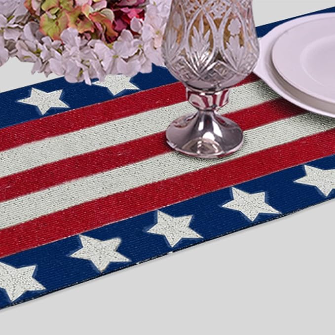 Decozen Patriotic Table Runner - 4th of July American Flag Freedom Stars Independence and Memorial Day for Holiday Kitchen Dining Table Home Decor - 13x35 Inches