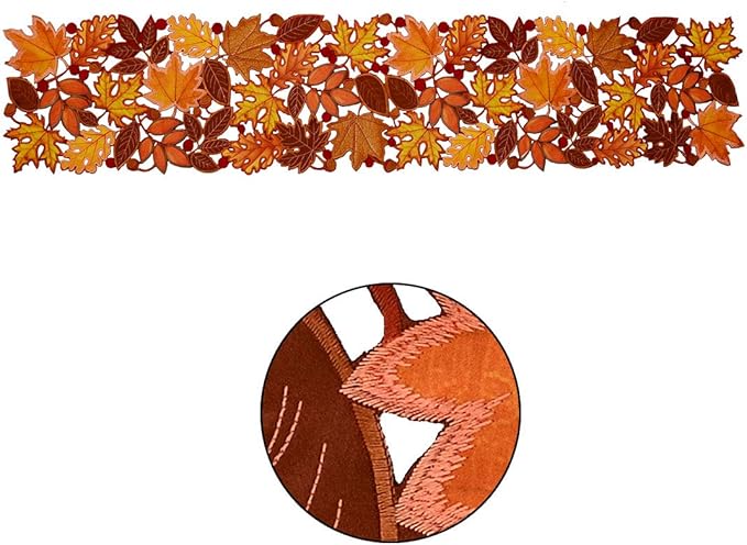 Simhomsen Embroidered Fall Leaves Table Runner for Thanksgiving, Autumn Harvest Decorations (14 × 88 inches)