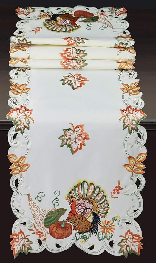 Creative Linens Fall Harvest Thanksgiving Table Runner 15x68, Embroidered Turkey Pumpkin Maple Leaf Sunflower Dresser Scarf Ivory Holiday Decoration