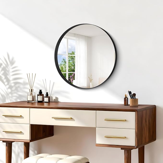 Black Round Mirror 18 inch Deep Frame Circle Mirror, Metal Framed Bathroom Mirror, Round Vanity Mirror, Circle Mirrors for Wall Entryway Bedroom Living Room Hallway