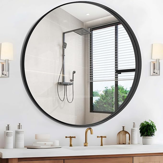 Black Round Mirror 42 inch Deep Frame Circle Mirror, Metal Frame Round Bathroom Mirror, Circle Mirrors for Wall Entryway Washroom Bedroom Living Room Hallway