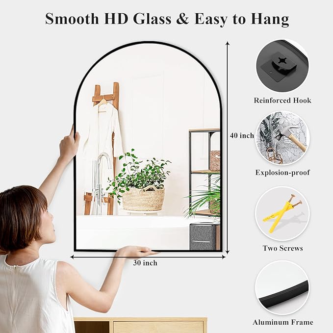 Fabuday Big Arch Mirror for Bathroom 30x40 - Large Black Arched Wall Mirror for Over Sink, Wide Metal Frame Vanity Mirros for Bedroom, Living Room, Dresser, Entryway Decor