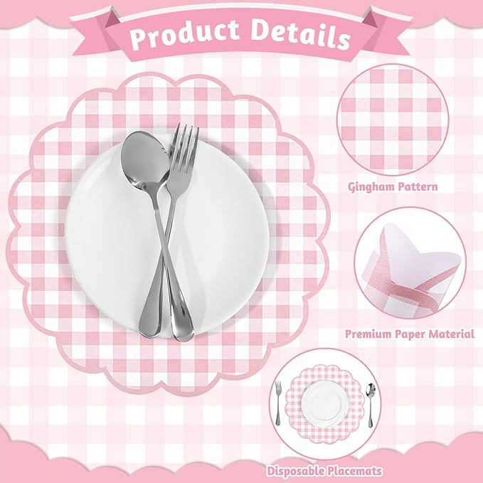 60 Pcs Pastel Gingham Paper Placemats,13.5 Inch Scalloped Checkered Placemat Disposable Tea Party Place Mats for Table Setting Baby Shower Wedding Bridal Banquet Birthday Decorations,4 Colors