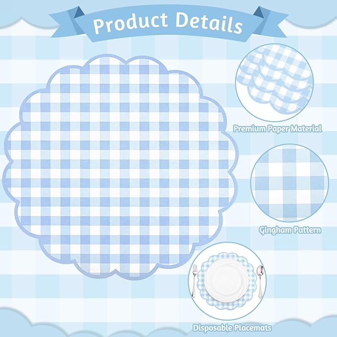 60 Pcs Blue and White Gingham Paper Placemats,13.5 Inch Scalloped Blue Checkered Place Mat Disposable Table Placemats Decorative Paper for Table Setting Baby Shower Wedding Bridal Banquet Tea Party