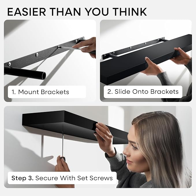 Homeforia Black Floating Shelves 24 inch, High End Solid Real Wood 24inch Bathroom Floating Shelf for Wall Mounted, Black Wooden 24in Floating Shelves, Heavy Duty Bracket, 24 X 6.5 X 1.75 in, Set of 4