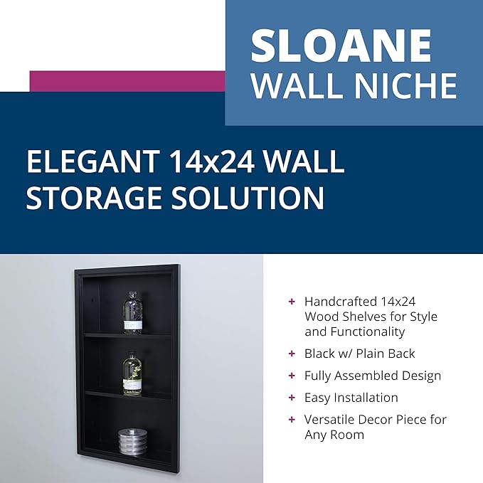 14x24 Sloane Recessed Wall Niche Medicine Cabinet Replacement, In the Wall Bathroom Cabinet Insert Shelf/Shelves, Made in North America, REAL WOOD, NO MDF, Dark Brown Plain Back