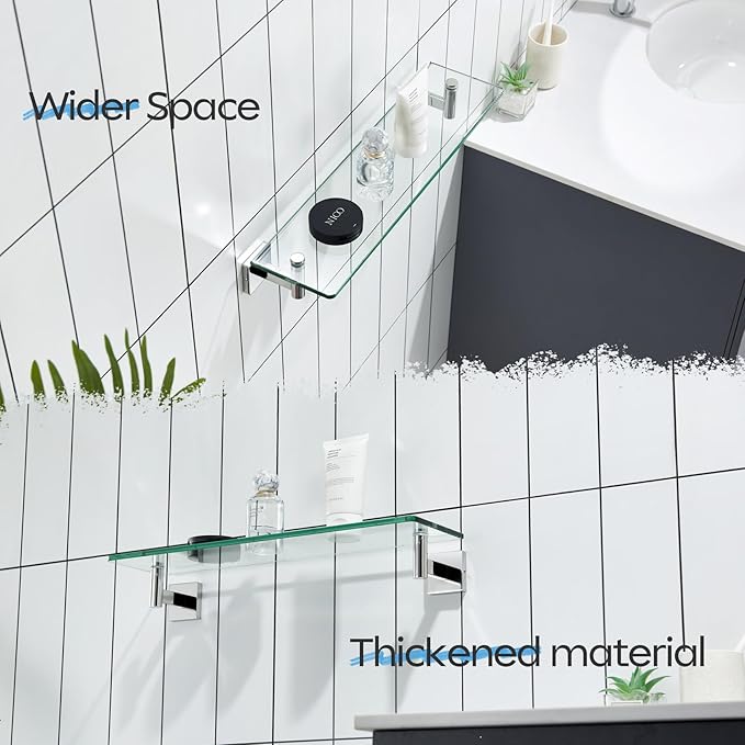 KOKOSIRI Bathroom Shelves Wall Mounted Floating Glass Shelf Polished Stainless Steel 20-Inch Hanging Rack for Storage/Room Decor 2 Pack B1105CH-L20-P2