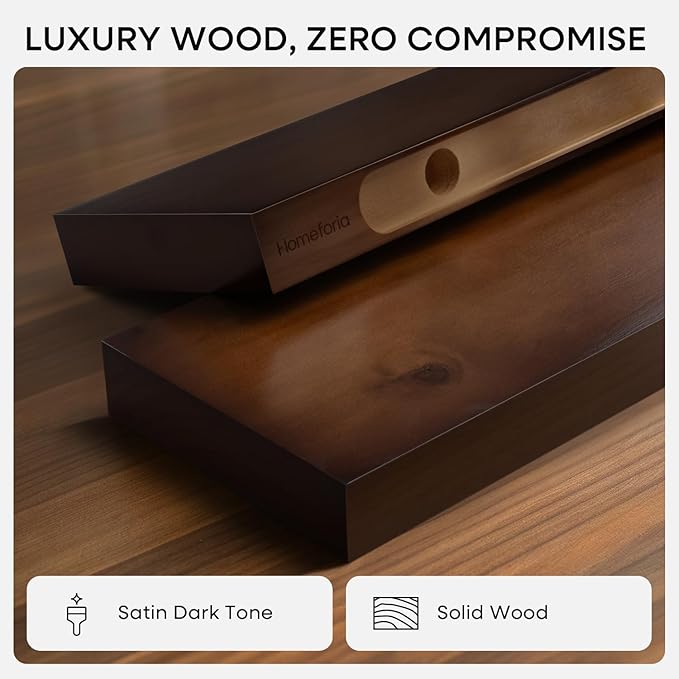 Homeforia Walnut 36 inch Floating Shelf, High End Solid Real Wood 36inch Large Shelves for Bathroom Wall, Dark Brown 36 inches Long Floating Shelves, Heavy Duty Bracket, 36 X 6.5 X 1.75 inch, Set of 2
