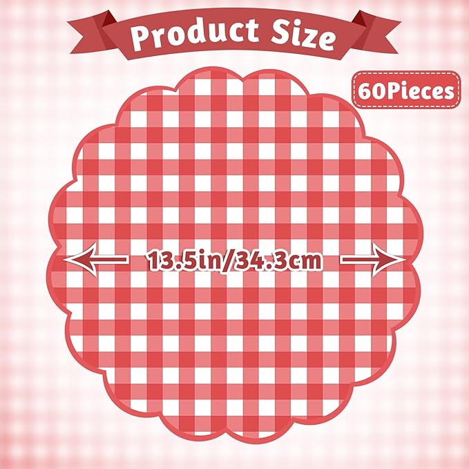 60 Pcs Red and White Gingham Paper Placemats,13.5 Inch Scalloped Checkered Place Mats Disposable Picnic Placemats Decorative Paper for Table Setting BBQ Baby Shower Wedding Bridal Banquet Tea Party