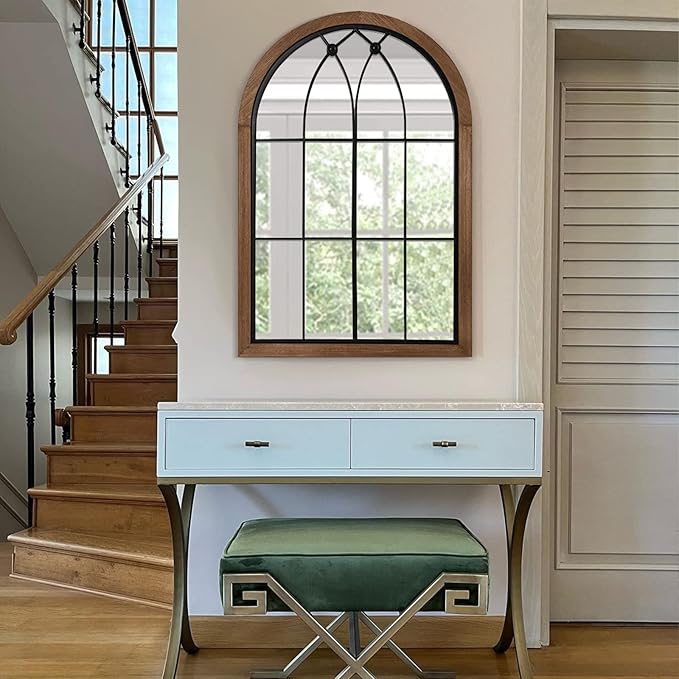 blue page 36x24 Inch Arched Wall Mirror, Rustic Wood Framed Farmhouse Mirror with Window Pane Design for Entryway, Bathroom and Living Room Decor, Window Brown