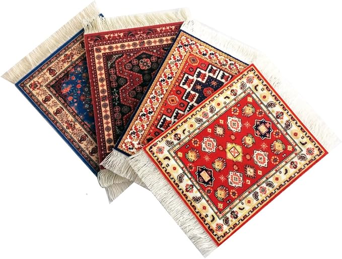 Turkish Rug Coasters Set of 4 – Carpet-Style Drink mats with Fringe, Non-Slip Backing, Decorative Home Accent | Dining Accessory