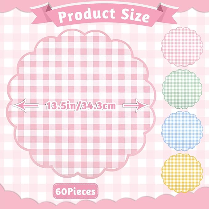60 Pcs Pastel Gingham Paper Placemats,13.5 Inch Scalloped Checkered Placemat Disposable Tea Party Place Mats for Table Setting Baby Shower Wedding Bridal Banquet Birthday Decorations,4 Colors