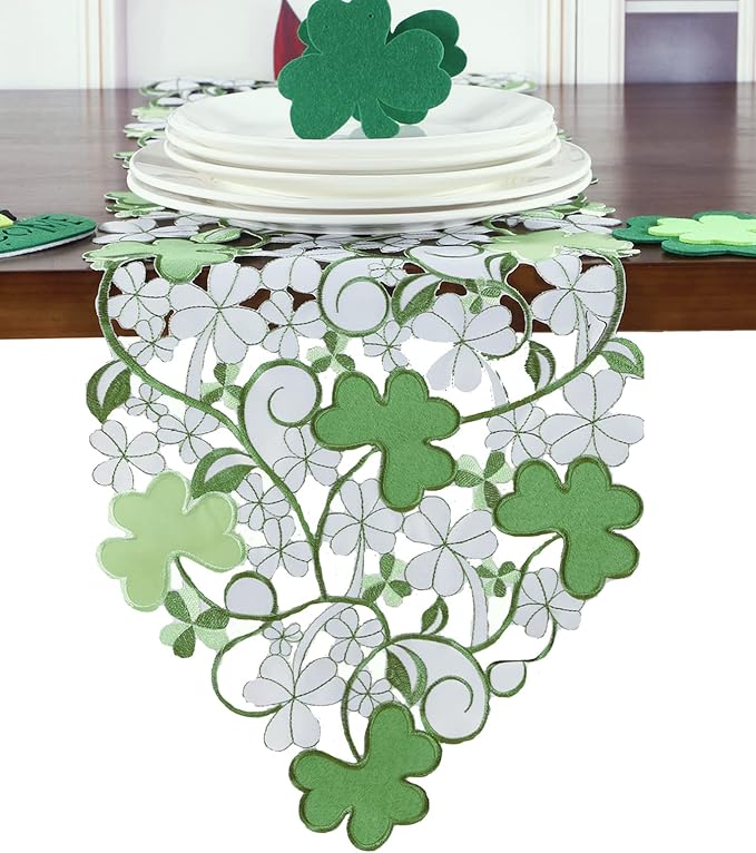 GRANDDECO St. Patrick's Day Spring Table Runner,Applique Embroidered Cutwork Clover Dresser Scarf, Home Kitchen Dining Tabletop Decoration,Runner 13"×83", Green