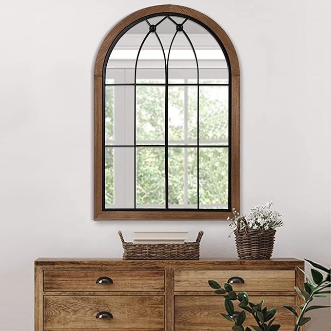 blue page 36x24 Inch Arched Wall Mirror, Rustic Wood Framed Farmhouse Mirror with Window Pane Design for Entryway, Bathroom and Living Room Decor, Window Brown