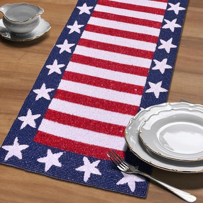 Decozen Patriotic Table Runner - 4th of July American Flag Freedom Stars Independence and Memorial Day for Holiday Kitchen Dining Table Home Decor - 13x35 Inches