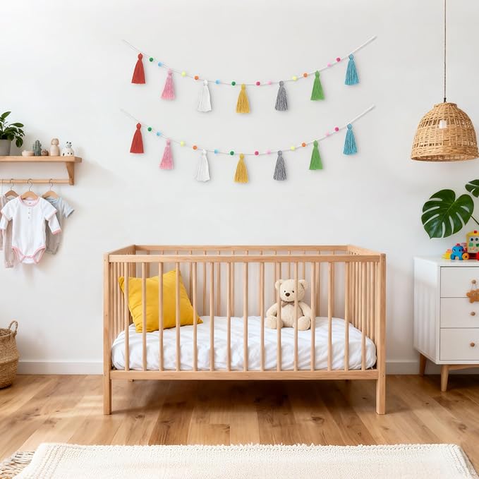Mkono 3 Pack Tassel Garland Boho Pom Pom Felt Ball String Pastel Banner for Thanksgiving Christmas Birthday Party Decor, Rainbow Wall Hangings for Classroom, Nursery, Kids Girls Bedroom, Baby Shower