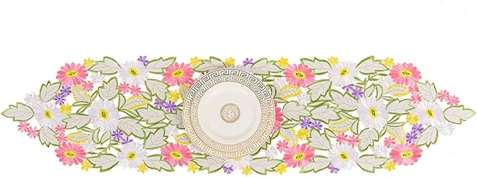 AMARED Spring Daisy Table Runners Embroidered Flowery Applique Floral Cutwork Table Linen for Home Decoration (13 X 54 Inch)