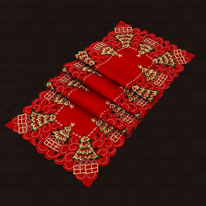 Grelucgo Embroidered Christmas Holiday Holly Tree Table Runner, Dresser Scarf, Rectangular 16 x 72 Inch