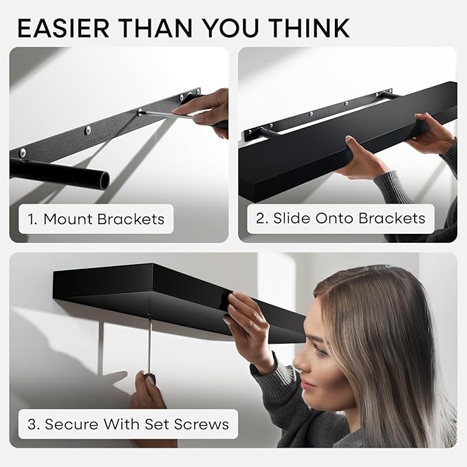 Homeforia Black Floating Shelf 20 inch, High End Solid Real Wood 20inch Bathroom Floating Shelves for Wall Mounted, Black Wooden 20in Floating Shelves, Heavy Duty Bracket, 20 X 6.5 X 1.75 in, Set of 4