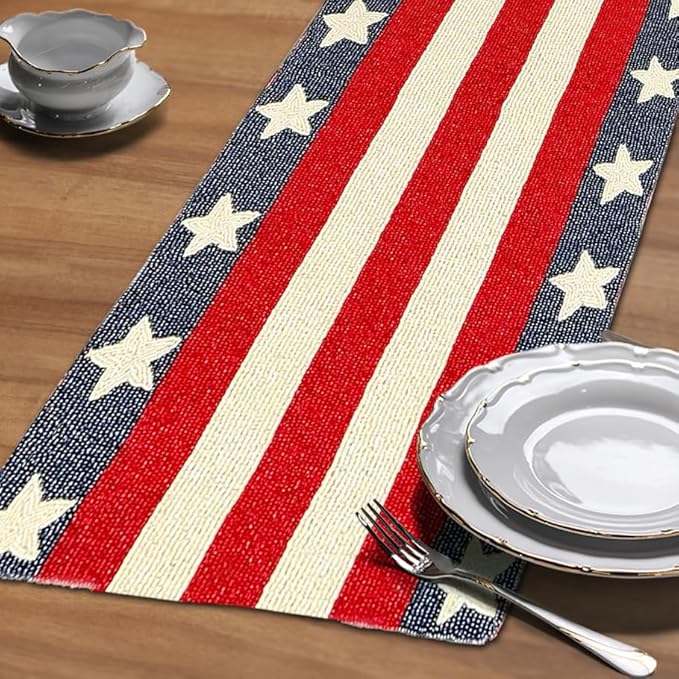 Decozen Patriotic Table Runner - 4th of July American Flag Freedom Stars Independence and Memorial Day for Holiday Kitchen Dining Table Home Decor - 13x54 Inches