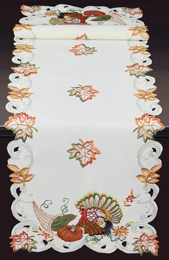 Creative Linens Fall Harvest Thanksgiving Table Runner 15x52, Embroidered Turkey Pumpkin Maple Leaf Sunflower Dresser Scarf Ivory Holiday Decoration
