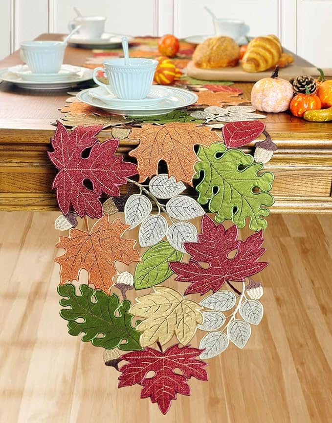 KEVA Fall Table Runner 72inches Long, Harvest Embroidered Thanksgiving Autumn Maple Leaves Table Runner 13x72 inch for Thanksgiving Kitchen Fall Table Decoration