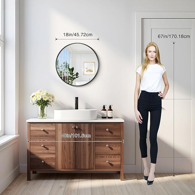 Black Round Mirror 22 inch Deep Frame Circle Mirror, Metal Framed Bathroom Mirror, Round Vanity Mirror, Circle Mirrors for Wall Entryway Bedroom Living Room Hallway