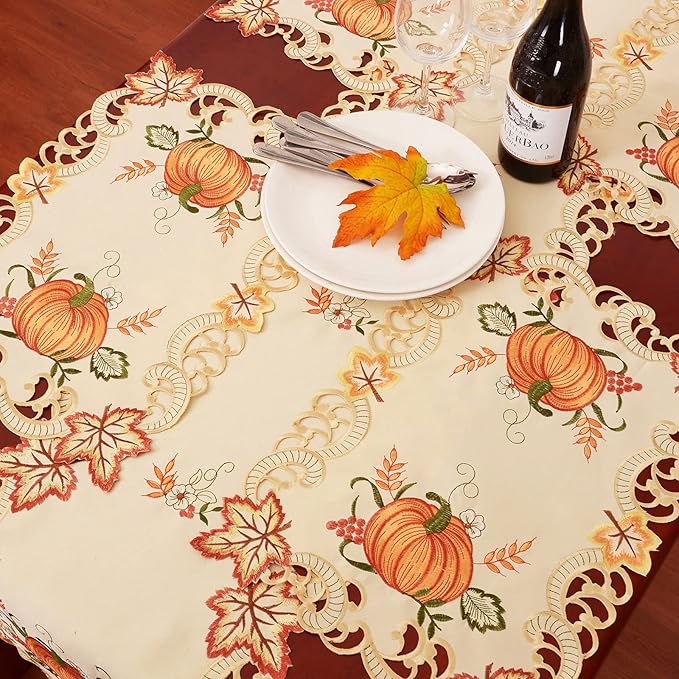 Simhomsen Thanksgiving Harvest Pumpkins Table Runners for Autumn Or Fall Decorations, Embroidery (14 × 90 Inches)