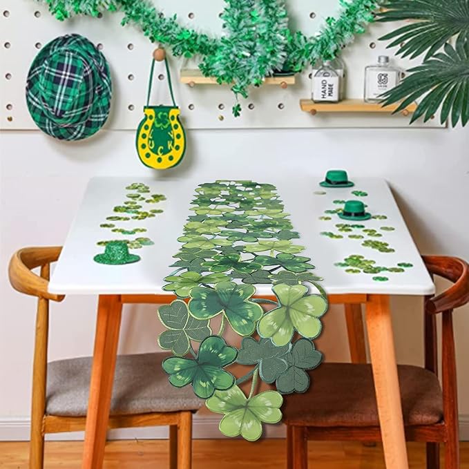 OWENIE Embroidered St. Patrick's Day Table Runner, Small Spring Green Table Runner 70 Inches Long , Cutwork Green Irish Clover Shamrock St Patricks Day Decorations(13 x 70 Inches )