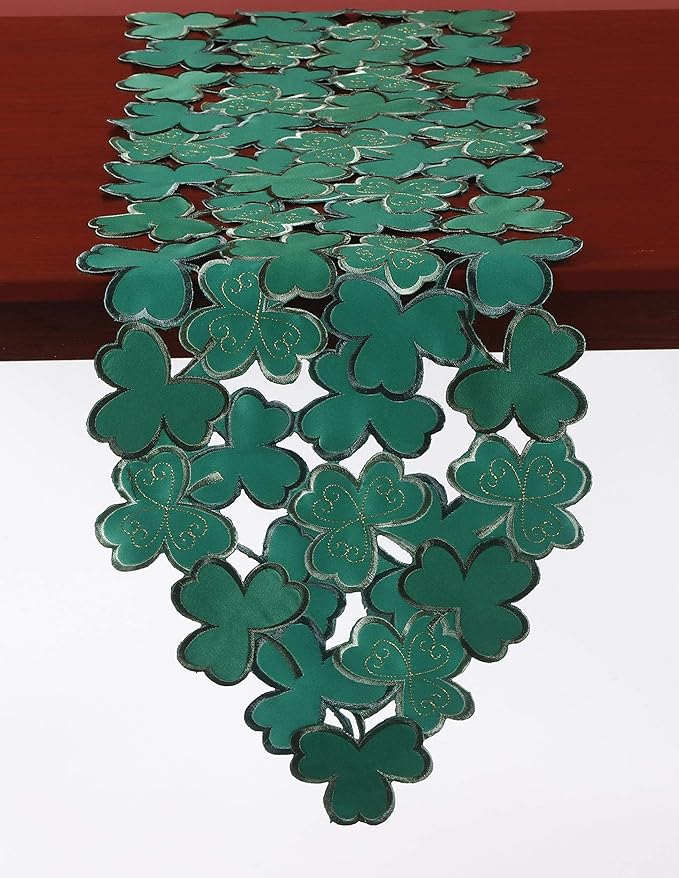 St. Patrick's Day Table Runner 13"×54" ,Applique Embroidered Cutwork Clover Design for Home Kitchen Dining Spring Holiday Tabletop Decoration