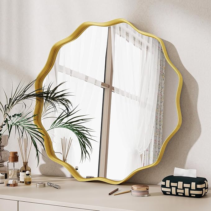 Round Wavy Mirror, 20 Inch Metal Frame Circle Mirror, Round Wall Mounted for Entryway, Bathroom, Vanity, Living Room, Gold