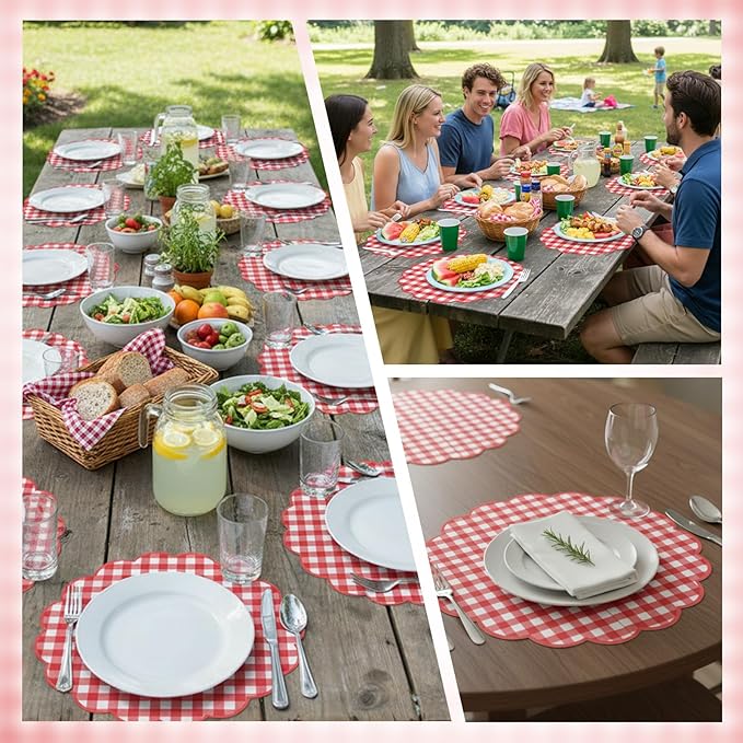 60 Pcs Red and White Gingham Paper Placemats,13.5 Inch Scalloped Checkered Place Mats Disposable Picnic Placemats Decorative Paper for Table Setting BBQ Baby Shower Wedding Bridal Banquet Tea Party