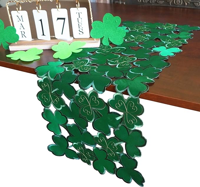 GRANDDECO St. Patrick's Day Table Runner,Applique Embroidered Cutwork Clover Dresser Scarf for Home Kitchen Dining Spring Holiday Tabletop Decoration, Green,Runner 13"×34"