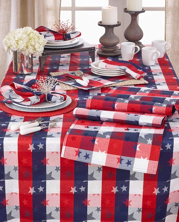 Red White and Blue Checkered with Stars Cotton/Polyester Blend Patriotic Table Runner, 16"x 108" Rectangular - (1 Piece).