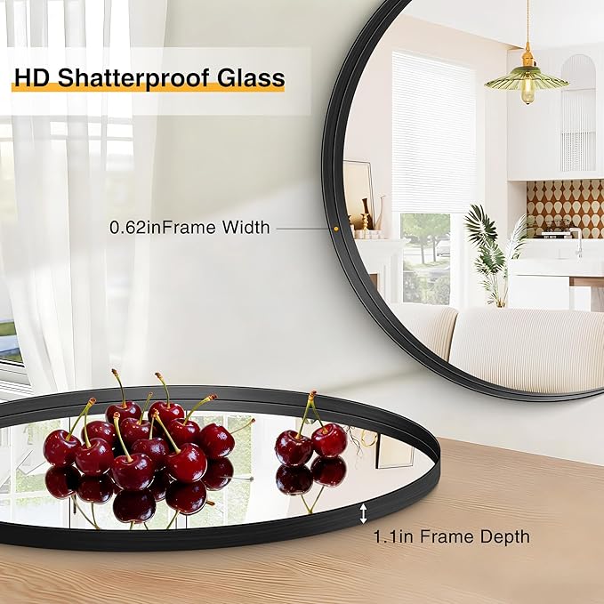 Black Round Mirror 22 inch Deep Frame Circle Mirror, Metal Framed Bathroom Mirror, Round Vanity Mirror, Circle Mirrors for Wall Entryway Bedroom Living Room Hallway