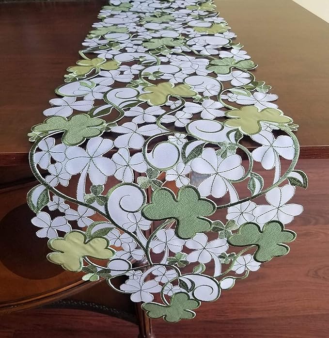 GRANDDECO St. Patrick's Day Spring Table Runner,Applique Embroidered Cutwork Clover Dresser Scarf, Home Kitchen Dining Tabletop Decoration,Runner 13"×83", Green